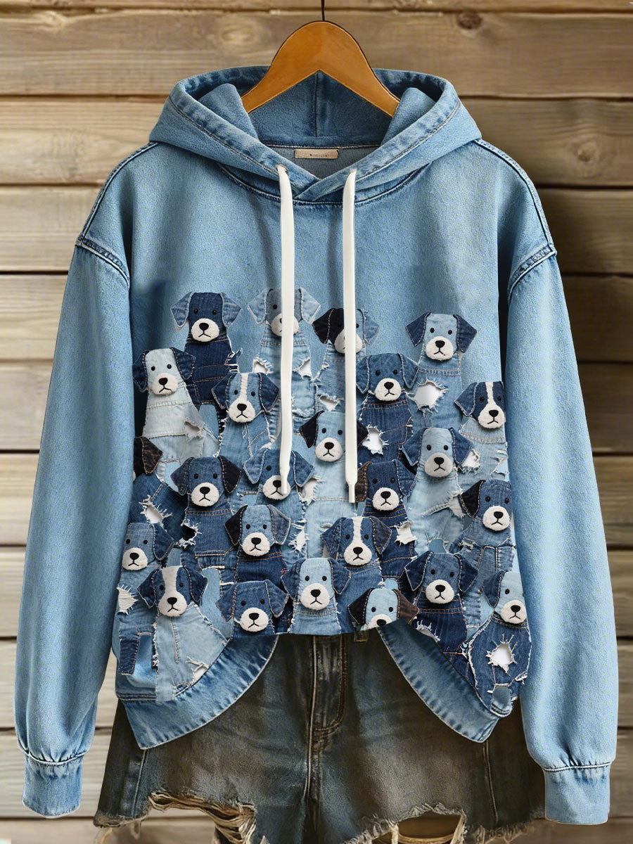 Denim Puppy Hoodie das mulheres