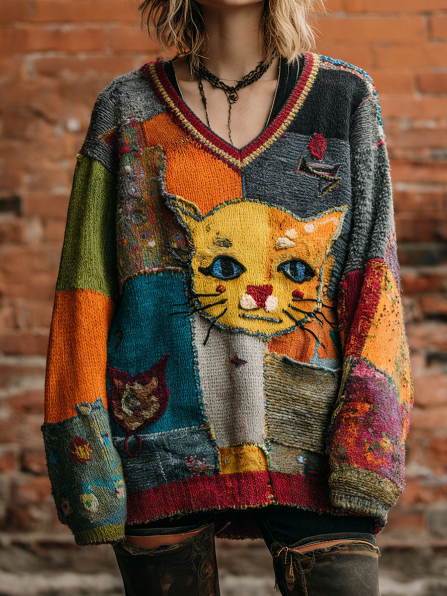 Arte gato retro V-Neck Tops das mulheres