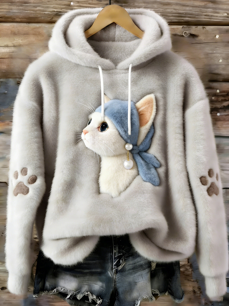 Hoodie de flanela acolhedor gato bonito feminino