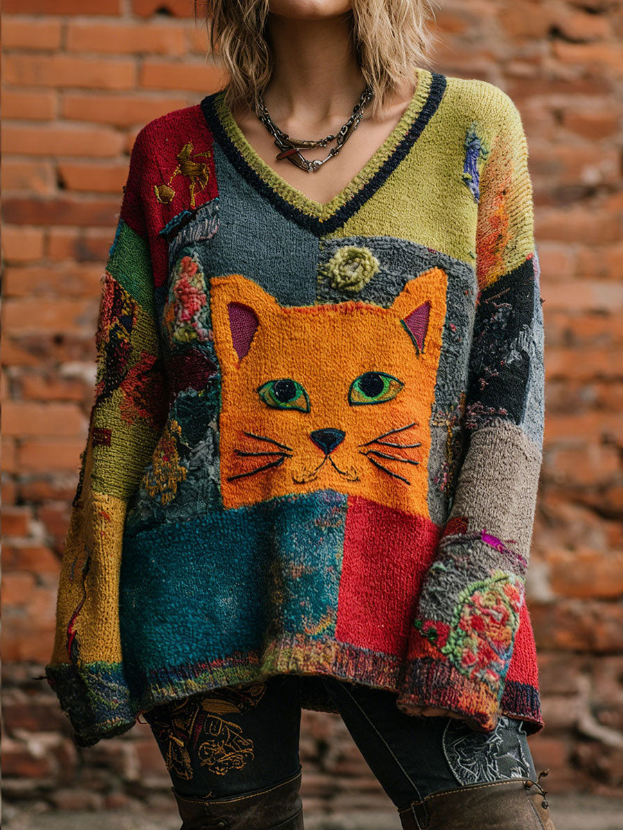 Arte gato retro V-Neck Tops das mulheres