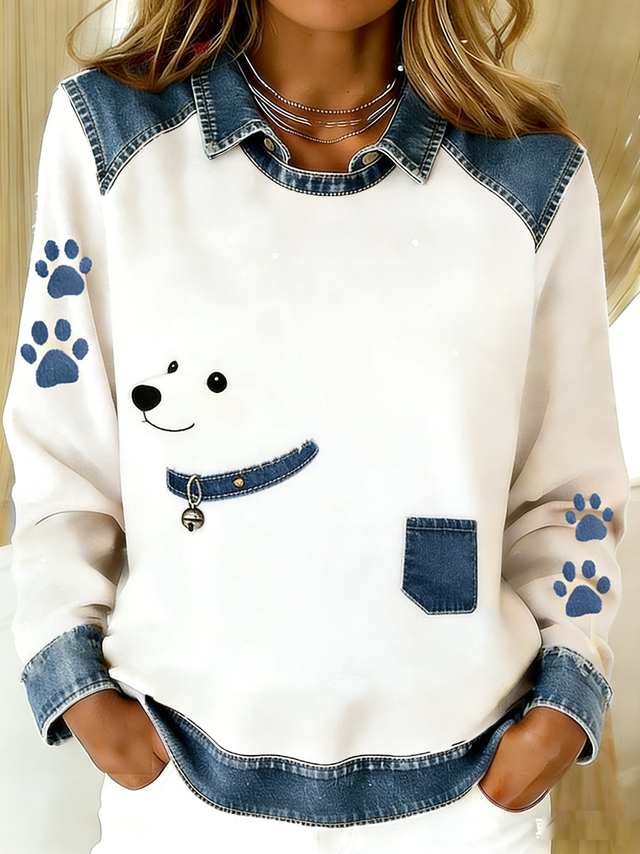 Vintage Denim Patchwork Top feminino com Animal Art Print, casual e confortável