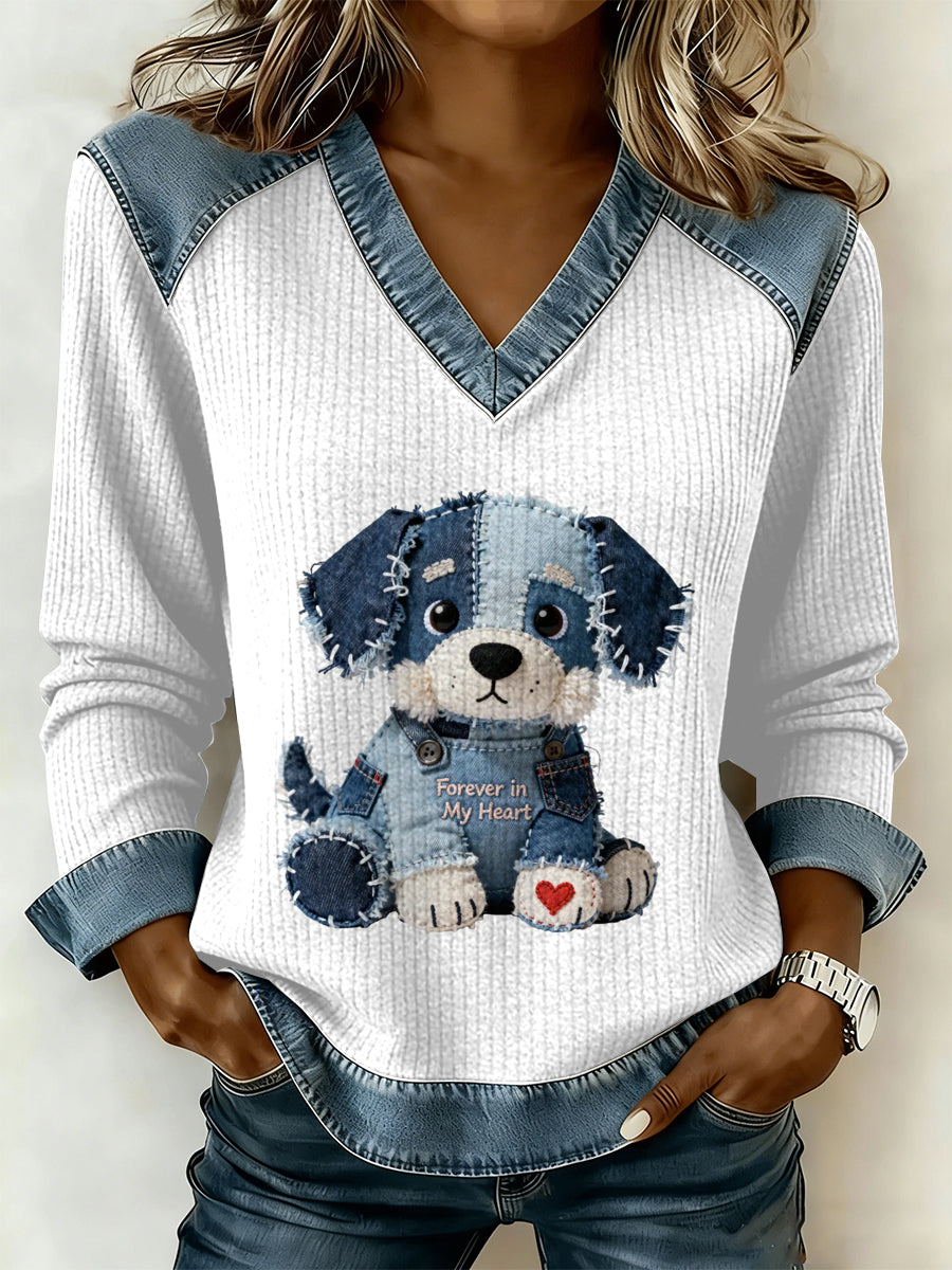 Vintage cão Patchwork impressão Casual v-Neck moletom feminino