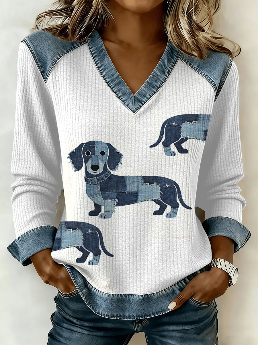 Vintage cão Patchwork impressão Casual v-Neck moletom feminino