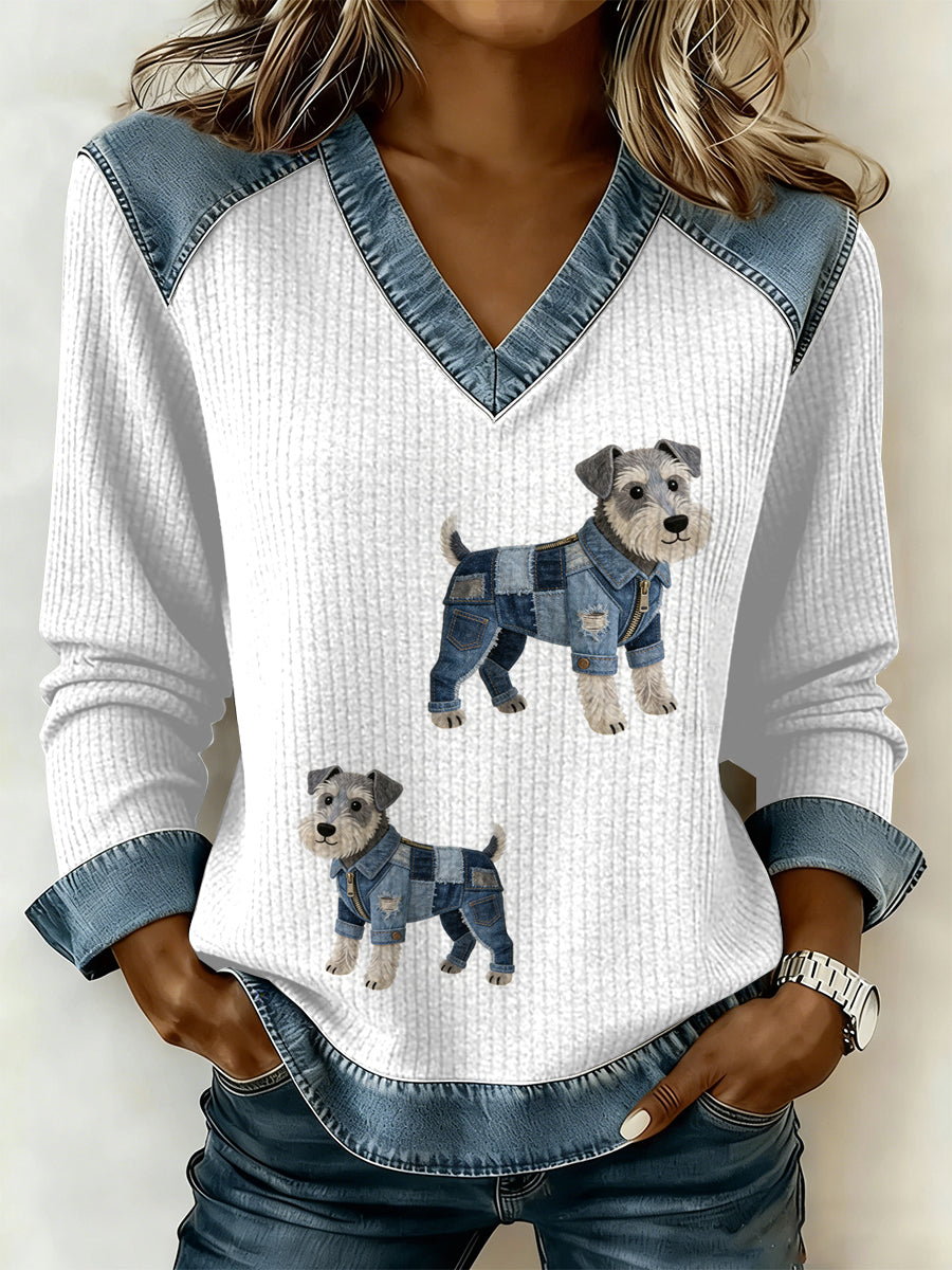 Vintage cão Patchwork impressão Casual v-Neck moletom feminino