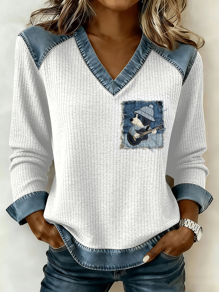 Vintage cão Patchwork impressão Casual v-Neck moletom feminino