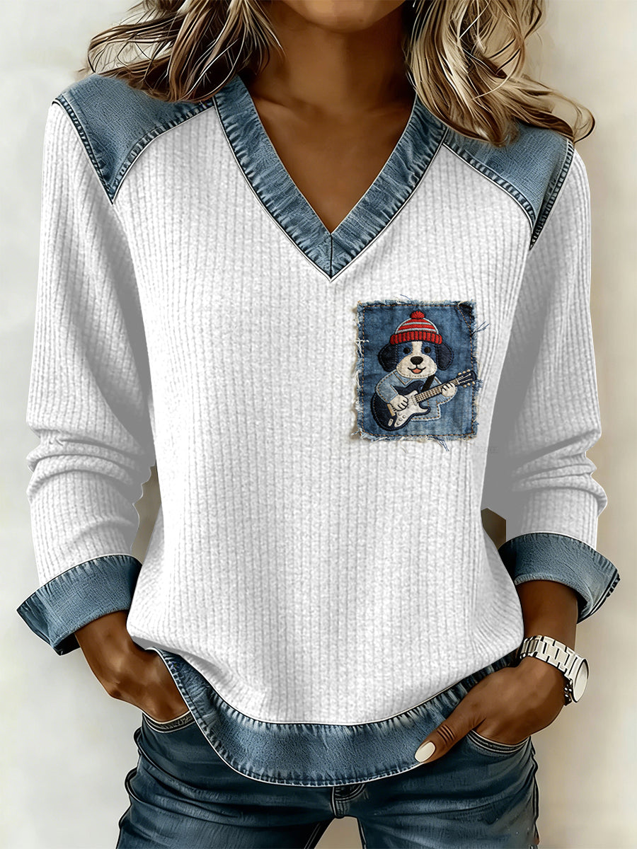 Vintage cão Patchwork impressão Casual v-Neck moletom feminino