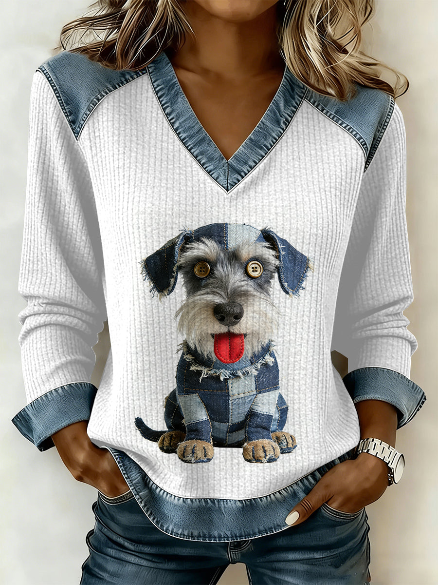 Vintage cão Patchwork impressão Casual v-Neck moletom feminino