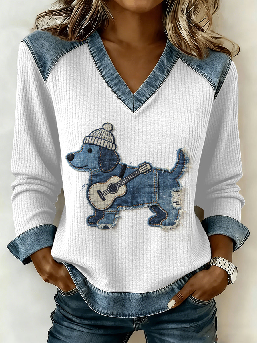 Vintage cão Patchwork impressão Casual v-Neck moletom feminino
