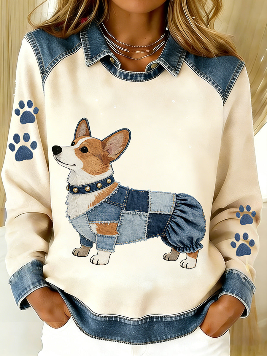 Vintage Denim Patchwork Top feminino com Animal Art Print, casual e confortável