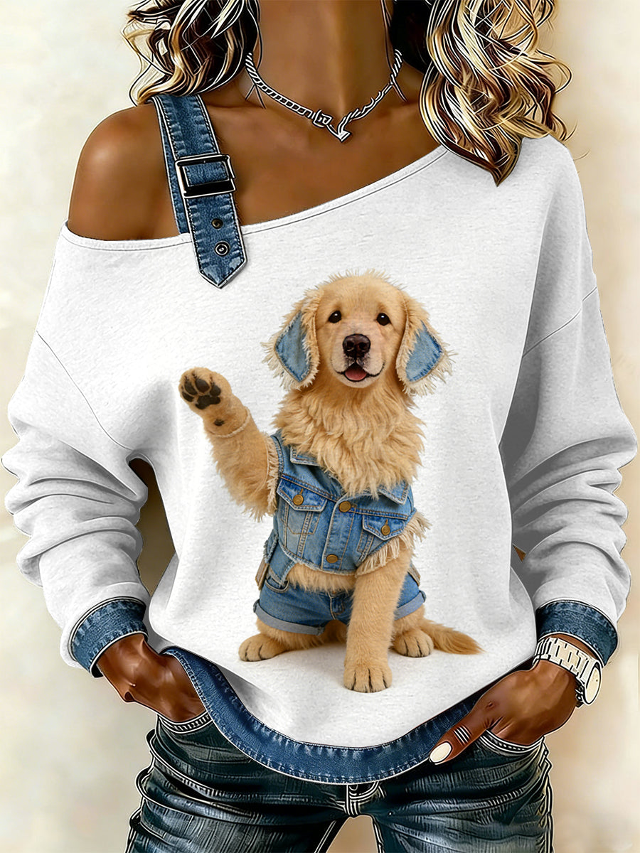Cão Vintage Patchwork impressão Casual Off-ombro moletom feminino
