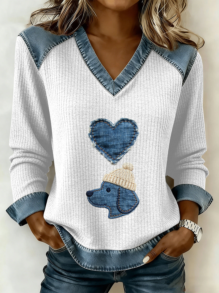 Vintage cão Patchwork impressão Casual v-Neck moletom feminino