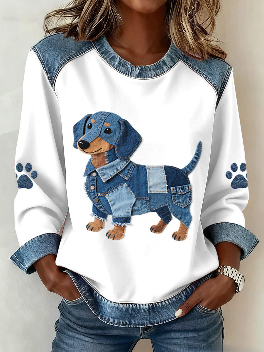 Adorável Dachshund padrão Denim Patchwork moletom das mulheres