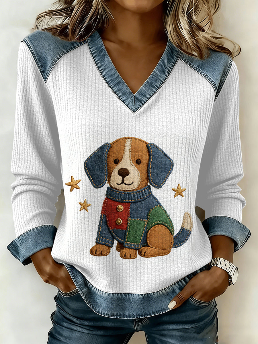 Vintage cão Patchwork impressão Casual v-Neck moletom feminino