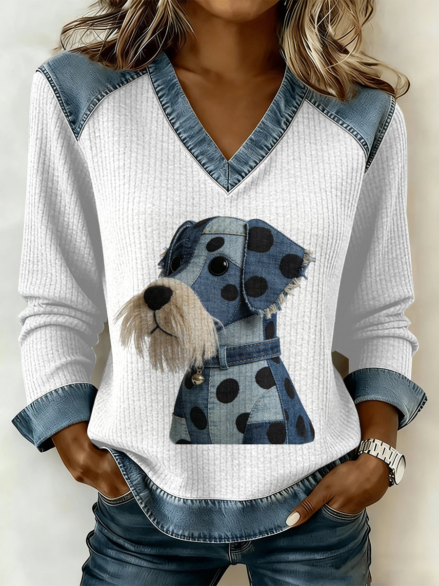 Vintage cão Patchwork impressão Casual v-Neck moletom feminino