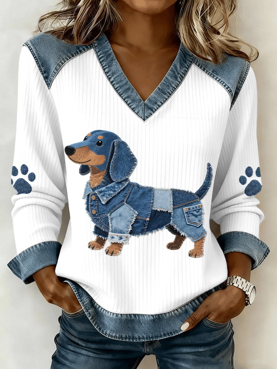 Lindo Dachshund padrão Denim Patchwork v-Neck Top feminino