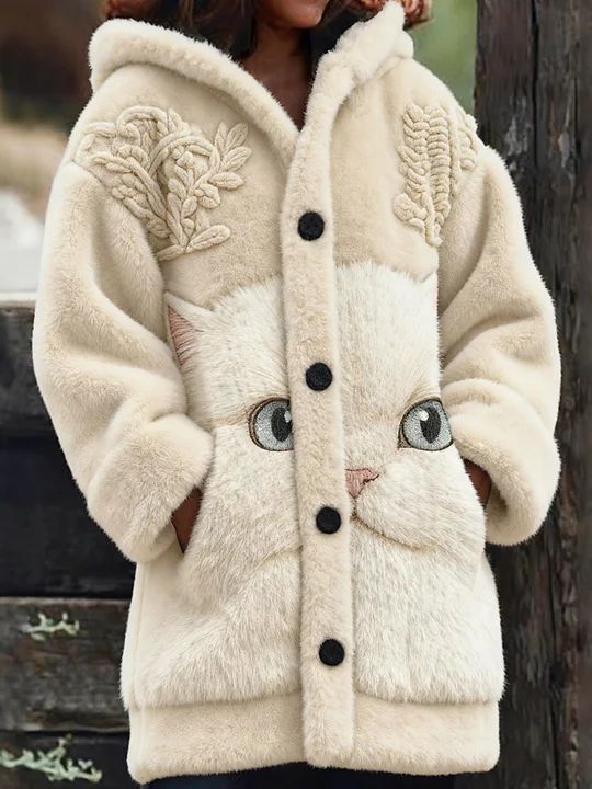 Animal gato das mulheres imprimir flanela casaco quente