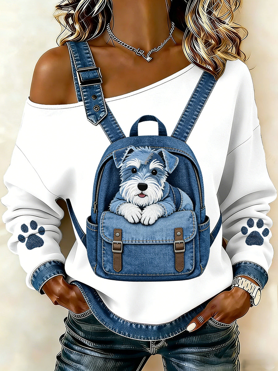 Animal bonito impressão Denim Patchwork Top confortável das mulheres