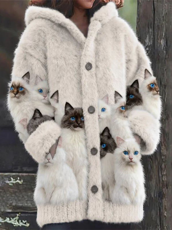 Animal gato das mulheres imprimir flanela casaco quente