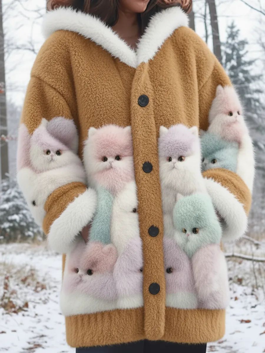 Animal gato das mulheres imprimir flanela casaco quente