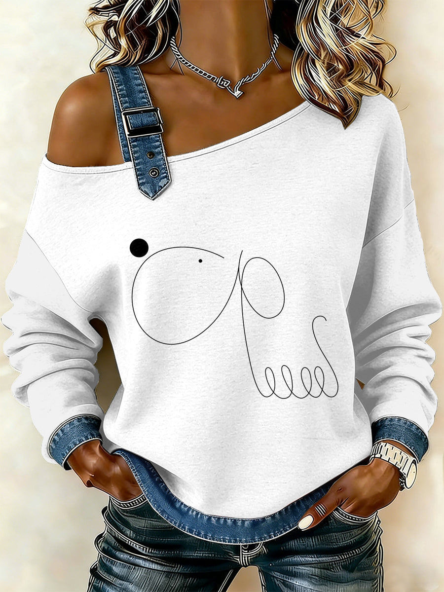 Vintage simples cão Patchwork impressão Casual Off-ombro moletom feminino