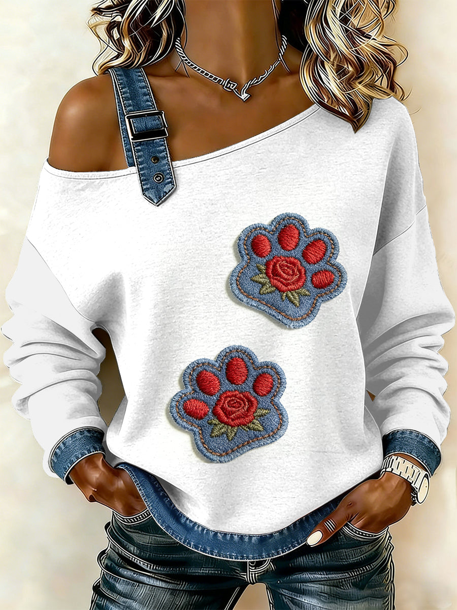 Patchwork Vintage gato pata feminino imprimir moletom Off-ombro Casual