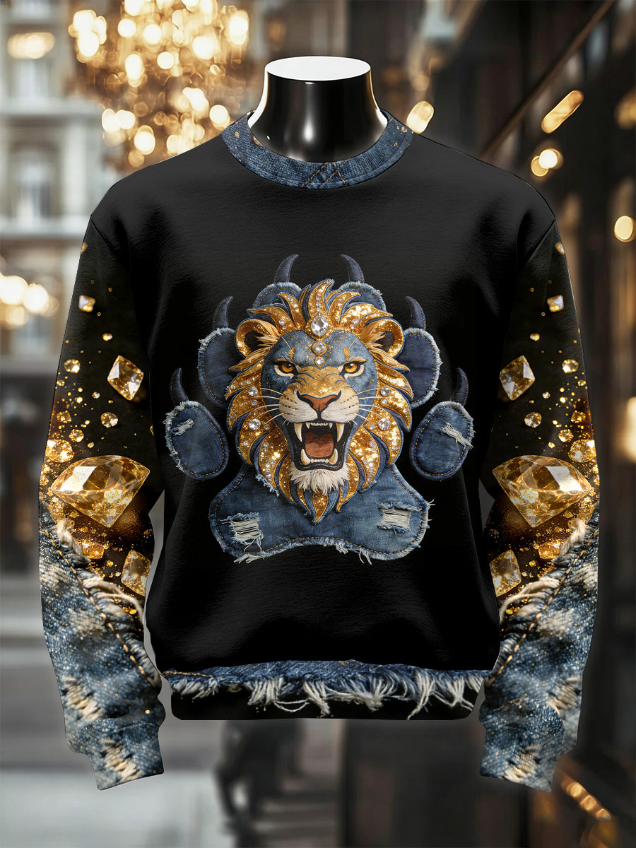 Retro luxuoso leão impressão Casual moletom dos homens