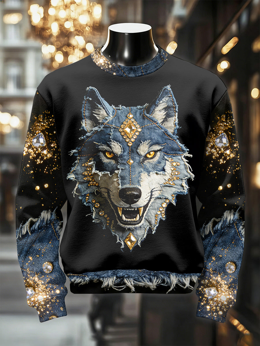 Retro luxuoso lobo impressão Casual moletom dos homens