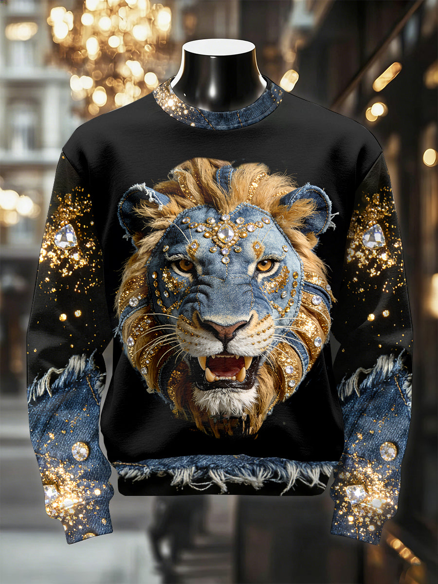 Retro luxuoso leão impressão Casual moletom dos homens