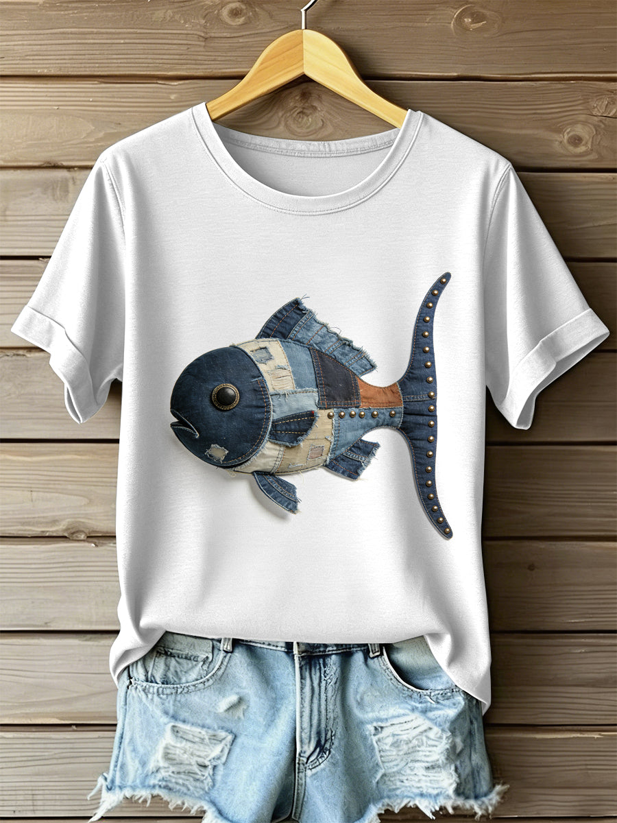 Vintage peixe Patchwork impressão Casual t-shirt do mulheres