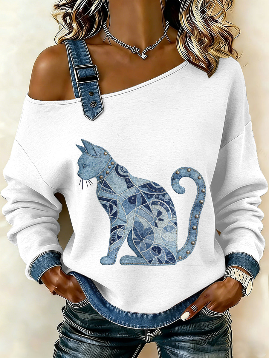 Gato Vintage Patchwork impressão Casual Off-ombro moletom feminino