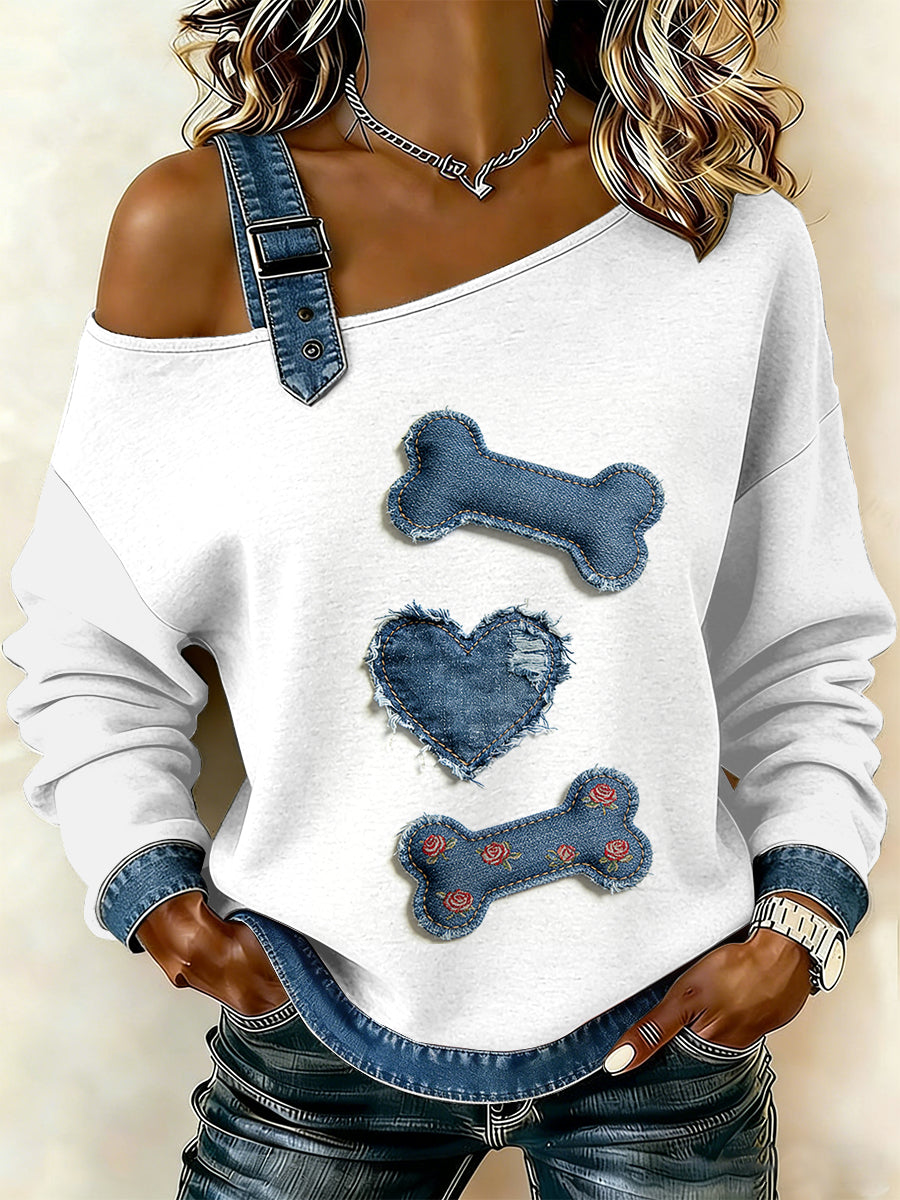 Vintage cão osso Patchwork impressão Casual Off-ombro moletom feminino