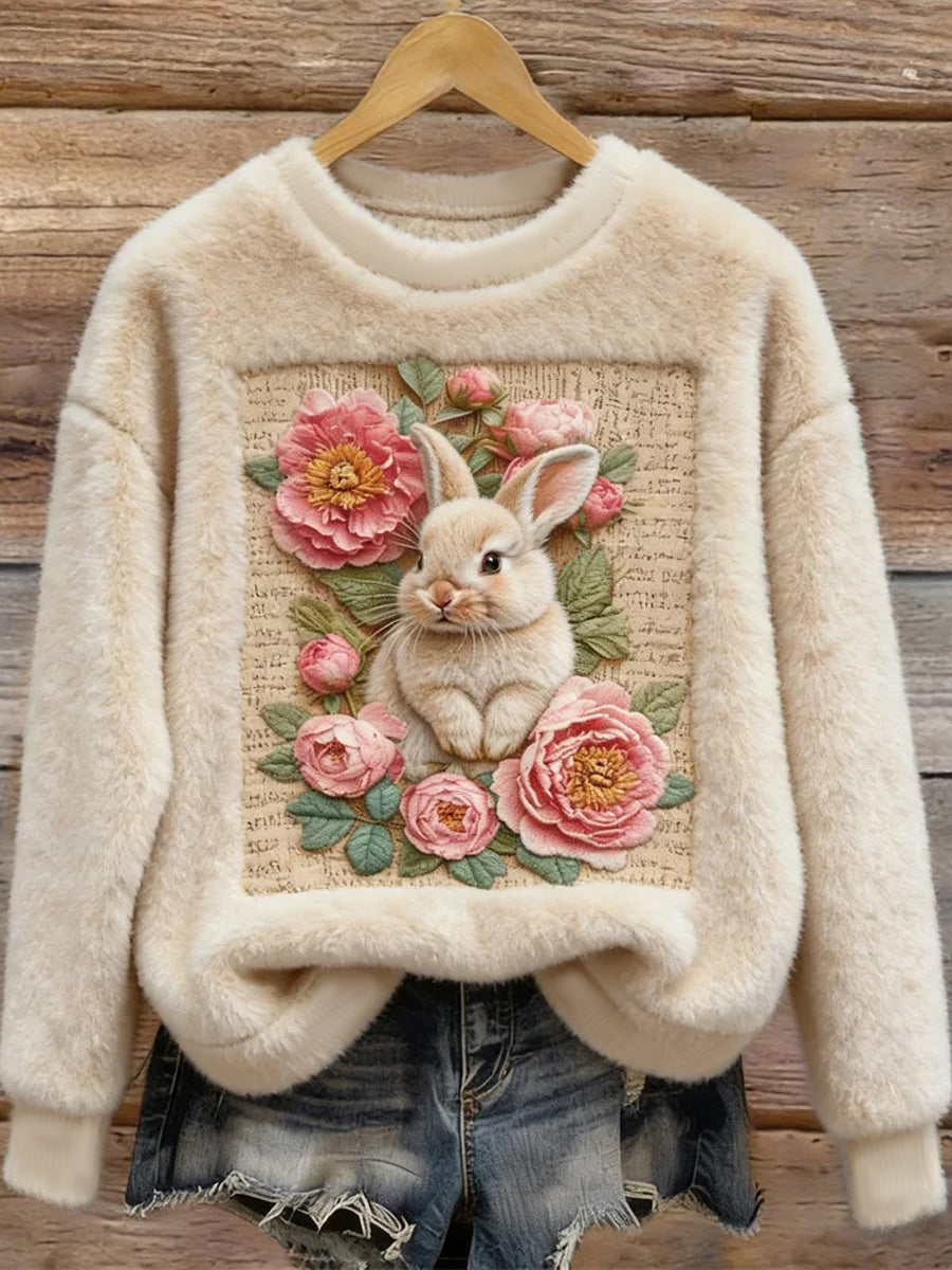 Arte bonito do coelho feminino redondo pescoço camisola de flanela aconchegante