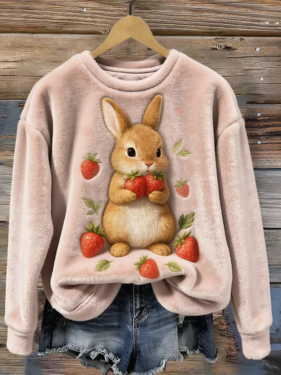 Coelho bonito e morango arte das mulheres acolhedor redondo pescoço camisola de flanela acolhedor