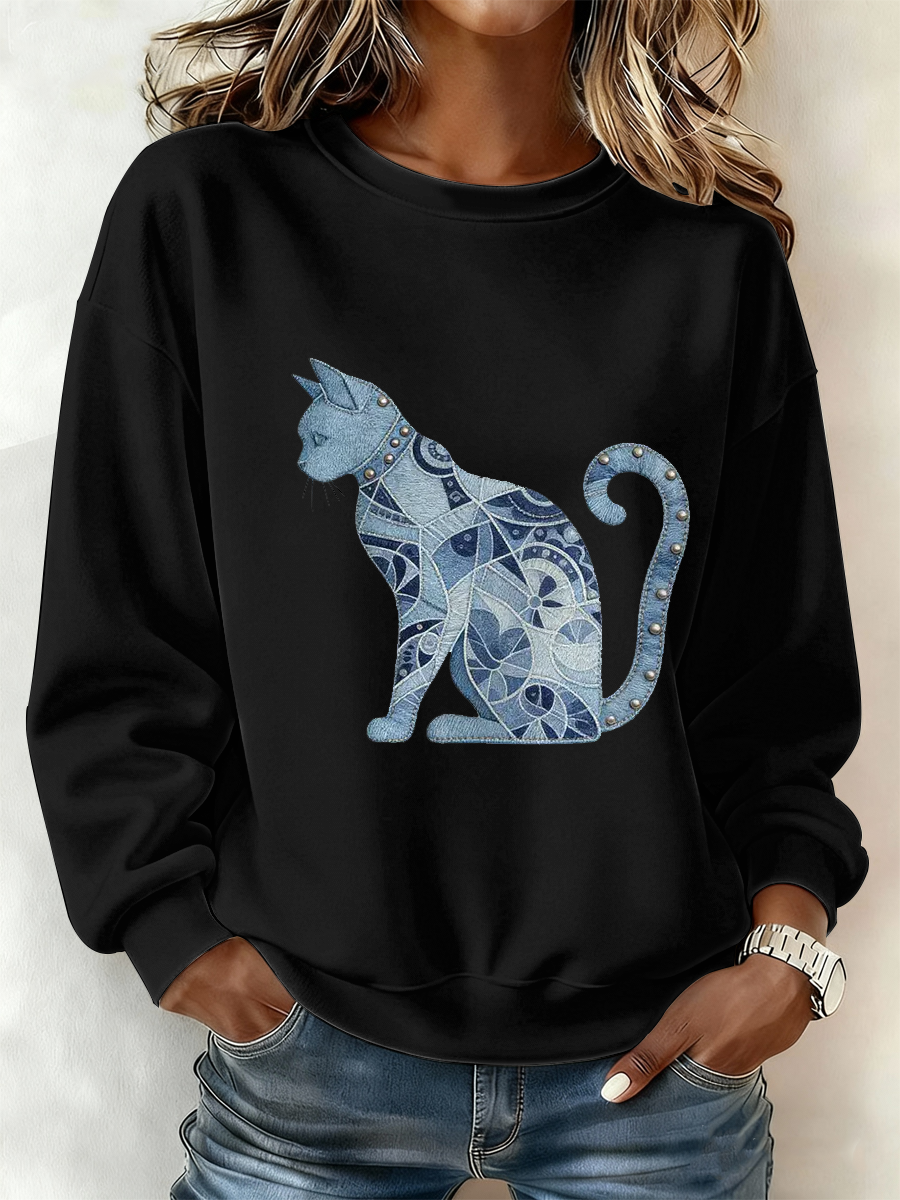 Gato Vintage Patchwork Print moletom do poliéster feminino