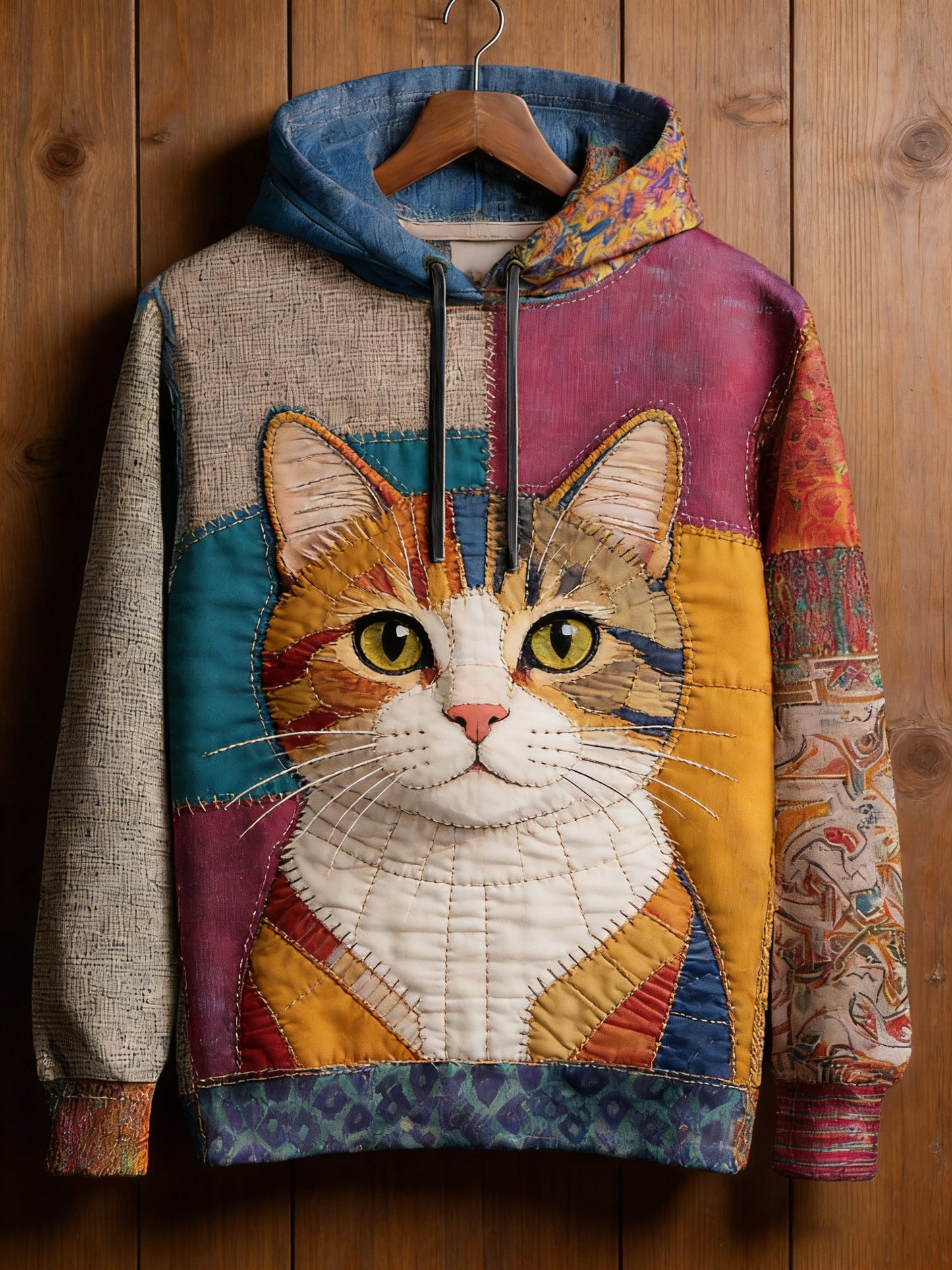 Patchwork Vintage gato impressão arte Casual Hoodie do mulheres