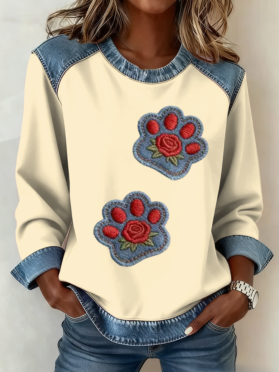 Vintage gato pata retalho impressão Denim Patchwork Top do mulheres