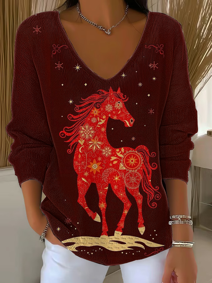 V-Neck ocidental cavalo vermelho feminino com nervuras Top