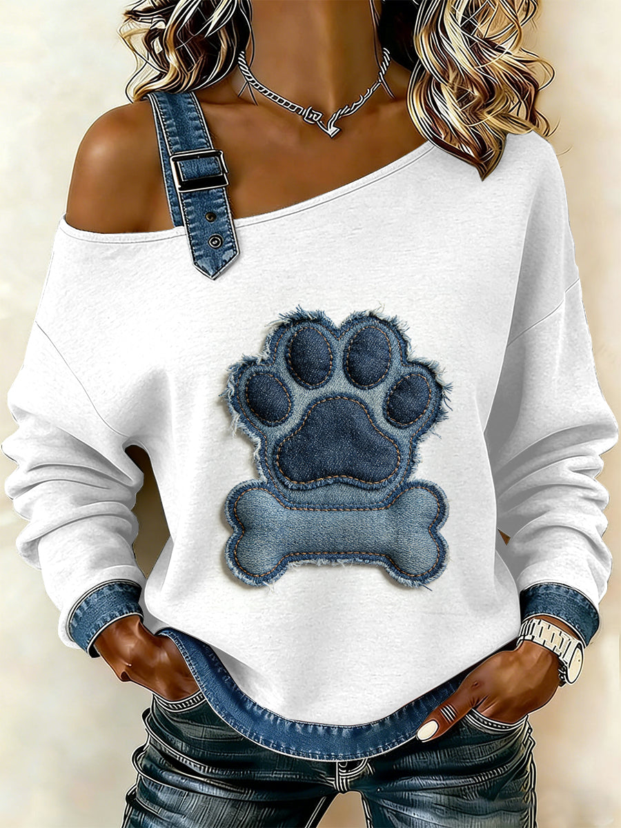 Patchwork de pata do cão Vintage feminino imprimir camisola Off-ombro Casual