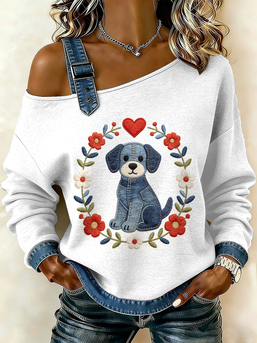 Cão Vintage Patchwork Floral impressão Casual Off-ombro moletom do mulheres