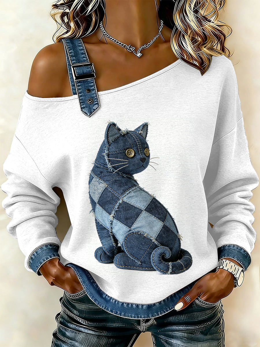 Flor Vintage gato Patchwork feminino imprimir moletom off-ombro Casual