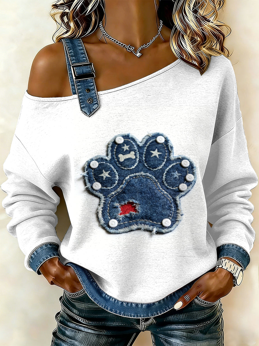 Patchwork de pata do cão Vintage feminino imprimir camisola Off-ombro Casual