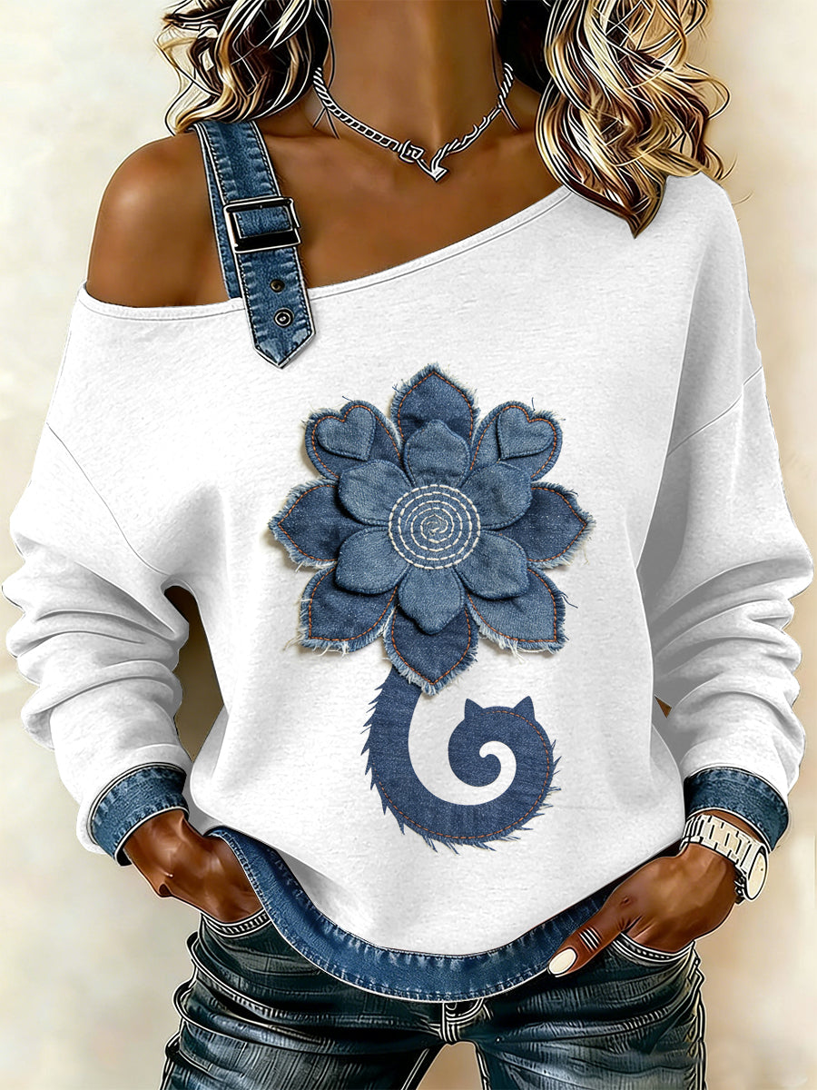 Flor Vintage gato Patchwork feminino imprimir moletom off-ombro Casual