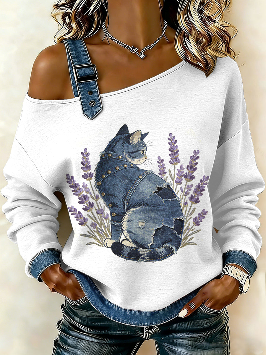 Gato Vintage Patchwork impressão Casual Off-ombro moletom feminino