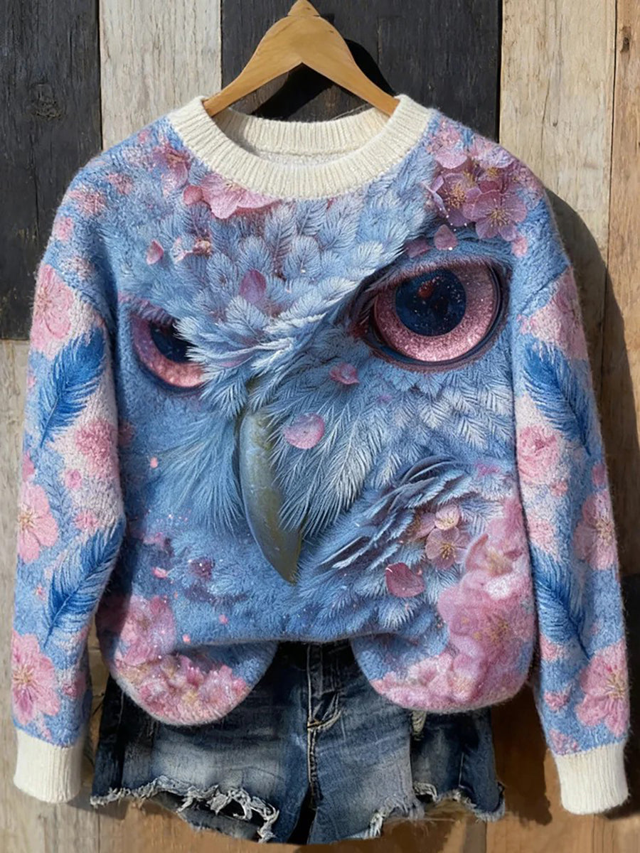 Inverno floresta coruja gola camisola de malha feminino