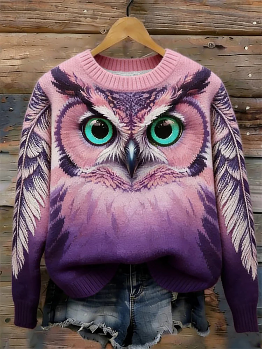 Inverno floresta coruja gola camisola de malha feminino