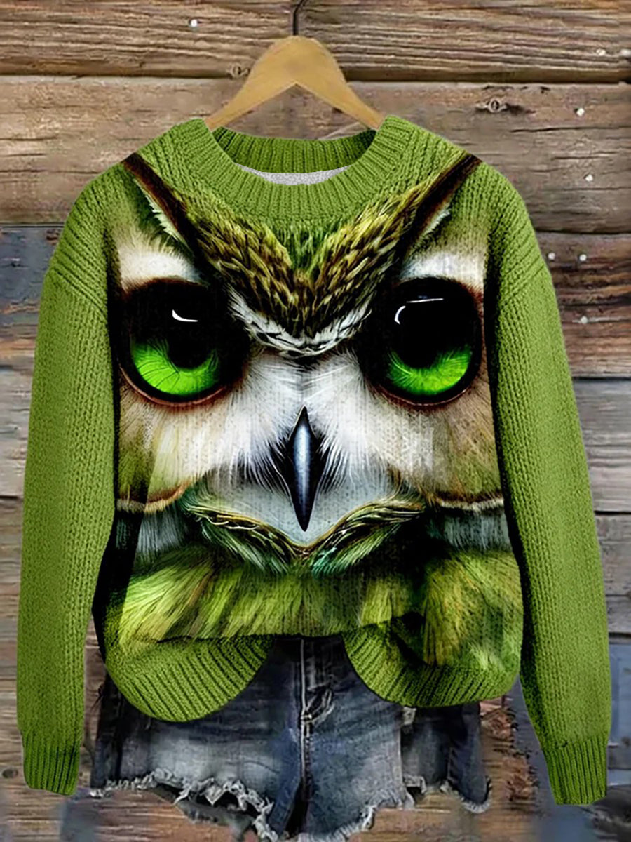 Inverno floresta coruja gola camisola de malha feminino