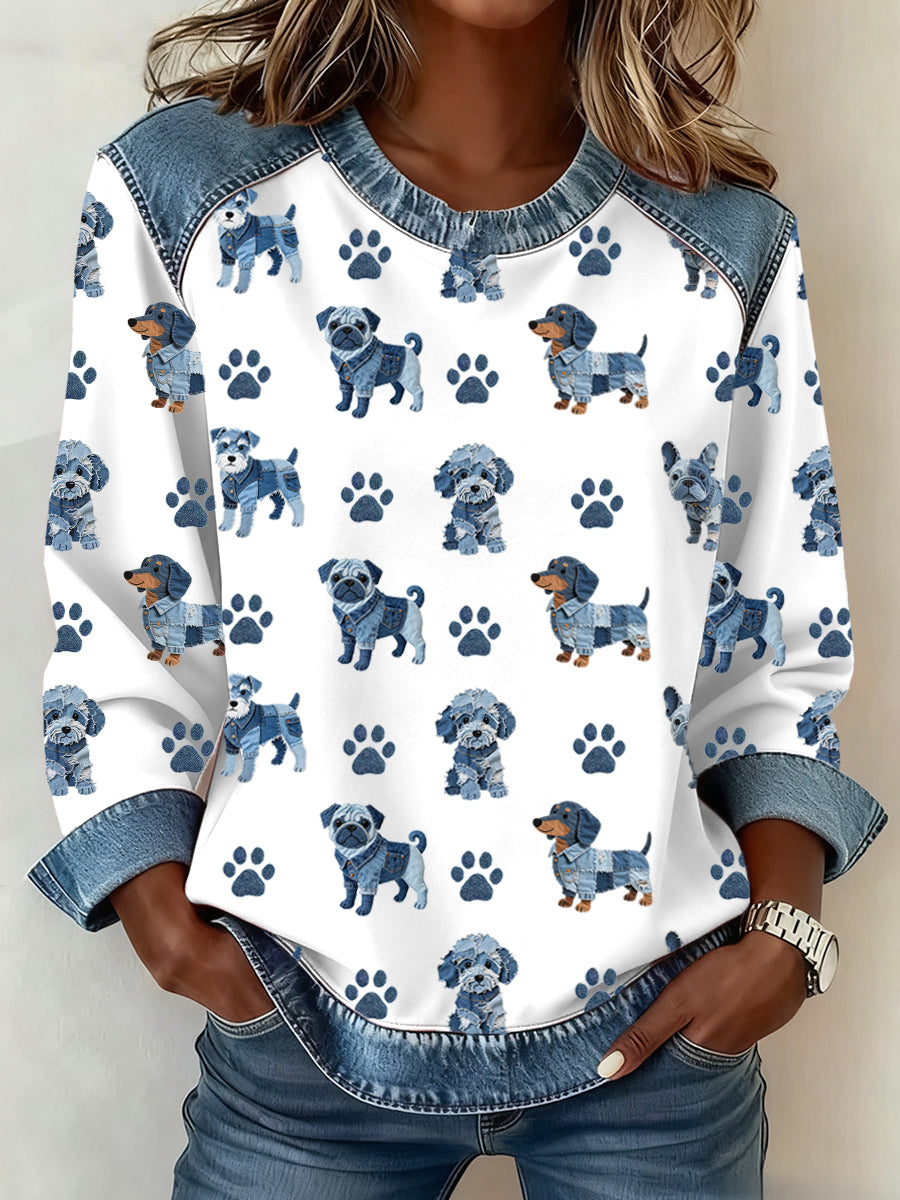 Adorável cão padrão Denim Patchwork moletom das mulheres