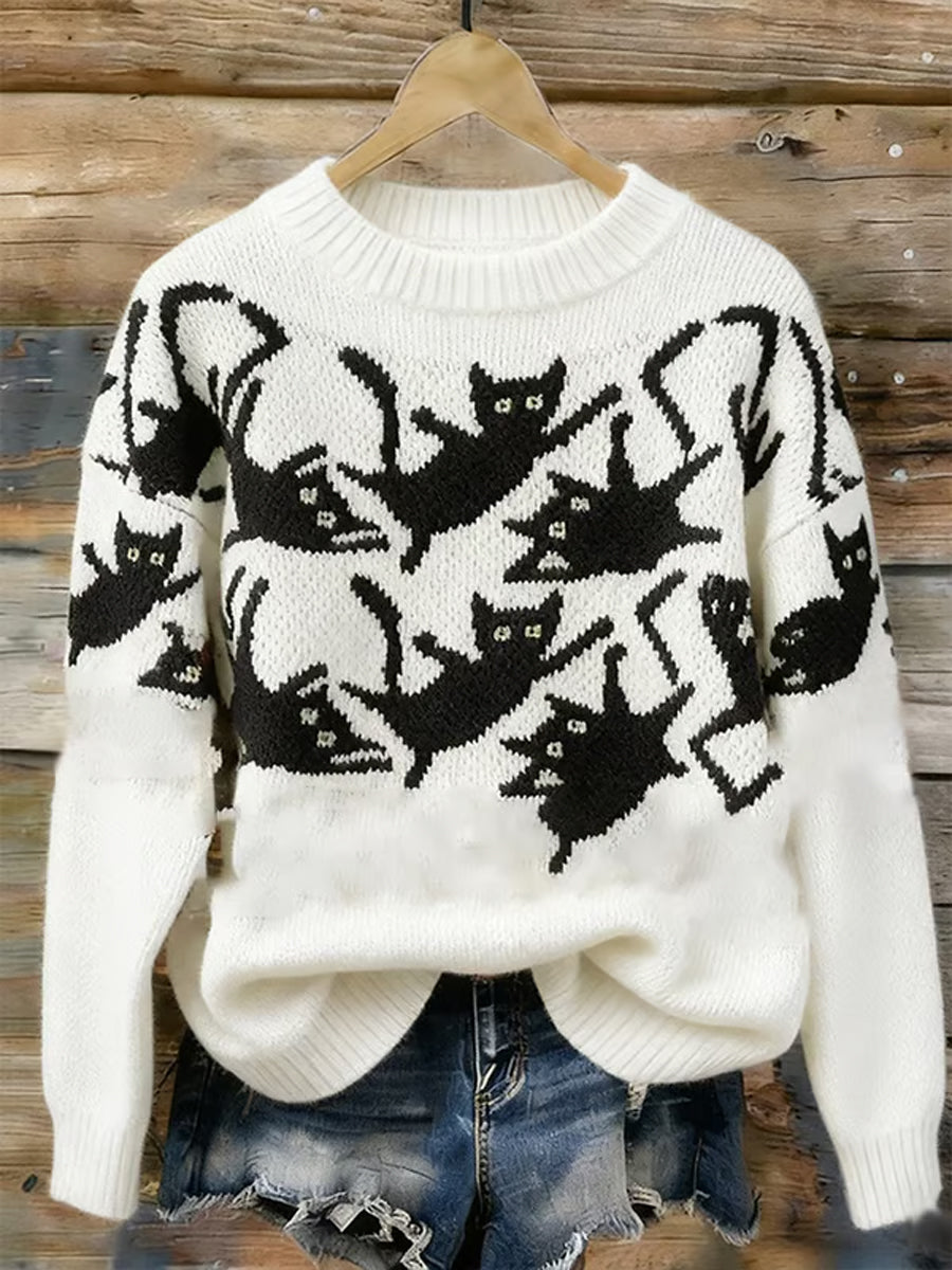 Padrão de gato feminino impresso redondo pescoço camisola