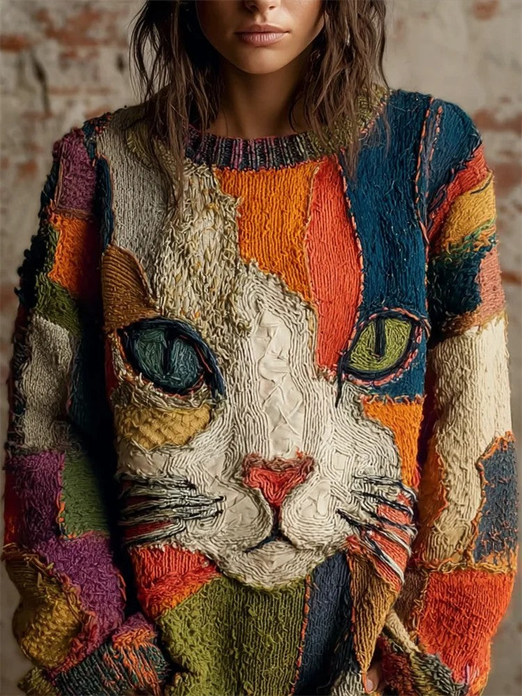 Gato Vintage arte impressão Casual do mulheres malha camisola