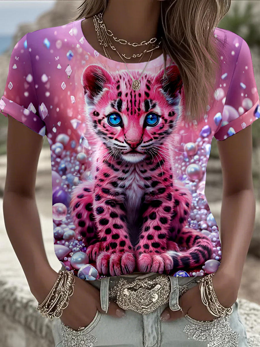 Camisetas estampadas de leopardo rosa feminino